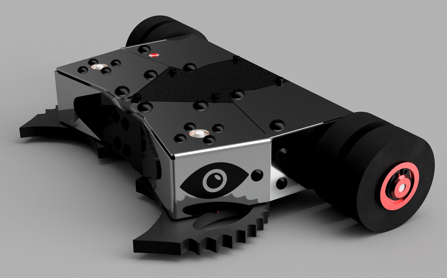 3D rendered combat robot design with eye logo — professional CAD render